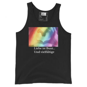 Queeres Tank-Top in Schwarz mit Regenbogen-Herz und Statement – Liebe ist bunt – LGBTQ WEAR