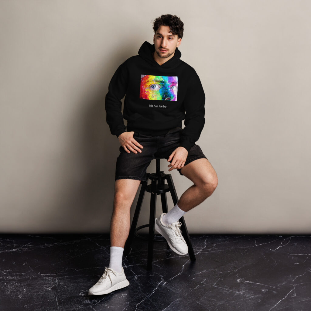 LGBTQ Hoodie mit QR-Code auf dem Rücken und Kunst-Motiv vorn