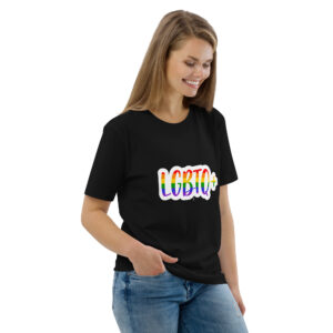 LGBTQ+ Shirt mit Regenbogen-Schriftzug auf schwarzem Bio-Baumwollstoff