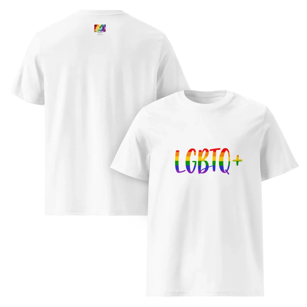 CSD Pride Shirt 2025 – LGBTQ+ T-Shirt mit Regenbogen-Schriftzug Weißes LGBTQ+ T-Shirt mit Regenbogen-Schriftzug – Teil der CSD Kollektion 2025