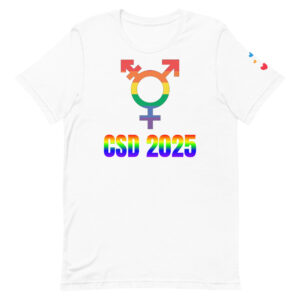 CSD 2025 Trans T-Shirt mit Trans-Symbol in Regenbogenfarben