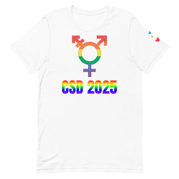 CSD 2025 Trans T-Shirt mit Trans-Symbol in Regenbogenfarben